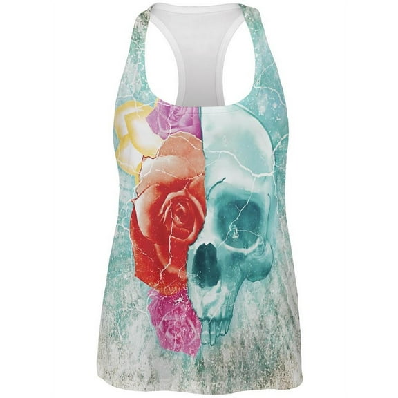Halloween Distressed Skull and Flowers All Over Womens Work Out Tank Top Multi LG
