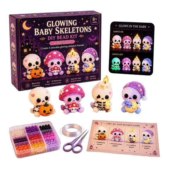 Halloween Diy Bead Kit Glow in the Night Student Skeleton Set Complete Craft Supplies with Needle Thread Beads Rings Durable Plastic Storage Box Instructions Fabric Pouch Small