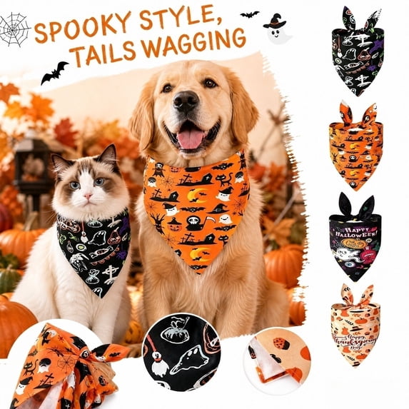 Halloween Dog Bandana 27 Inch, Dog Halloween for Dogs and Cats, Pet Halloween Accessory with Spooky Ghost Pumpkin Witch Print for Trick Or Treat Season, Black, 1 Pack