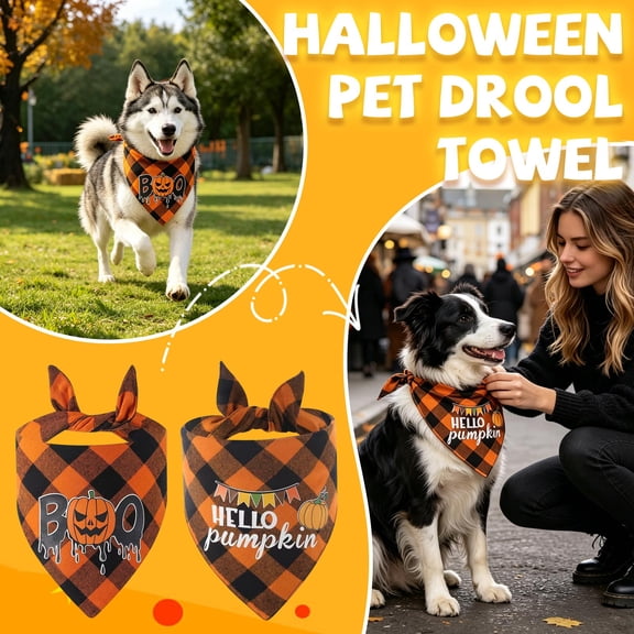 Halloween Dog Bandana, Flannel Halloween Pet Accessory with Hello Pumpkin Graphic, Adjustable Tie on Pet Bandana for Dog Halloween Parties, Pumpkin Themed Pet Scarf Halloween
