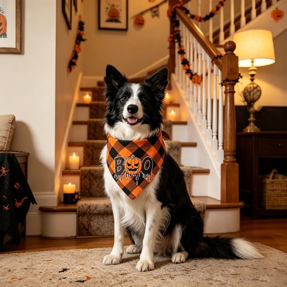 Halloween Dog Bandana, Pumpkin Dog Accessory with Hello Pumpkin Graphic, Festive Dog Apparel Tie on Dog Neckerchief, Plaid Flannel Fall Bandana for Dogs, Adjustable Knot Design to