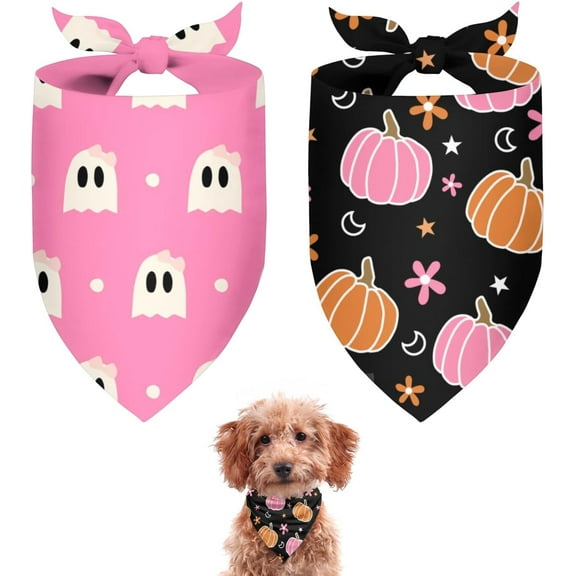 Halloween Dog Bandanas 2 Pack,Black Pumpkin Pink Flower Ghost Reversible Adjustable Triangle Pet Scarves for Boy and Girl,Holiday Witchy Dog Bandana for Small Medium Large Dogs(Medium)