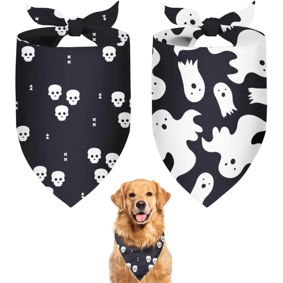 Halloween Dog Bandanas 2 Pack,Black White Skeleton Skull Ghost Reversible Adjustable Triangle Pet Scarves for Boy and Girl,Holiday Witchy Dog Bandana for Small Medium Large Dogs(Large)