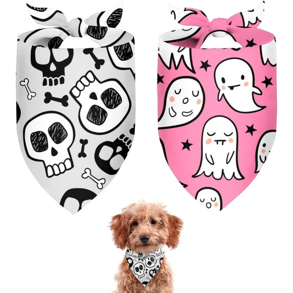 Halloween Dog Bandanas 2 Pack,Grey Skull Pink Spooky Ghost Reversible Adjustable Triangle Pet Scarves for Boy and Girl,Holiday Witchy Dog Bandana for Small Medium Large Dogs(Medium)