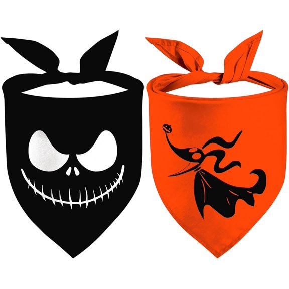 Halloween Dog Bandanas 2 Pack, Zero Dog and Jack Face Print Bibs, Nightmare Before Christmas Triangle Fall Pet Scarf, Premium Durable Fabric, Adjustable Fit (Halloween-1, Small)