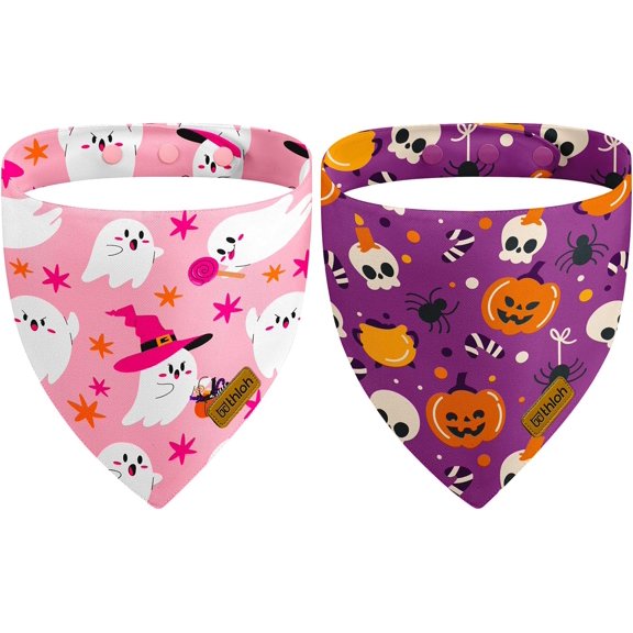 Halloween Dog Bandanas with Snap Button, 2 Pack Pumpkin & Ghost Pet Scarf for Boy & Girl, Premium Durable Fabric, Adjustable Fit, Spooky Bandana for Large and Extra Large Dogs (X-Large)