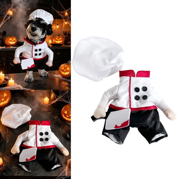 Halloween Dog Chef Costume, Funny 3D Upright Butcher Chef Pet Outfit With Chef Hat, Cosplay Dress‑Up Clothes for Small Medium Dogs Halloween Party Trick‑or‑Treat