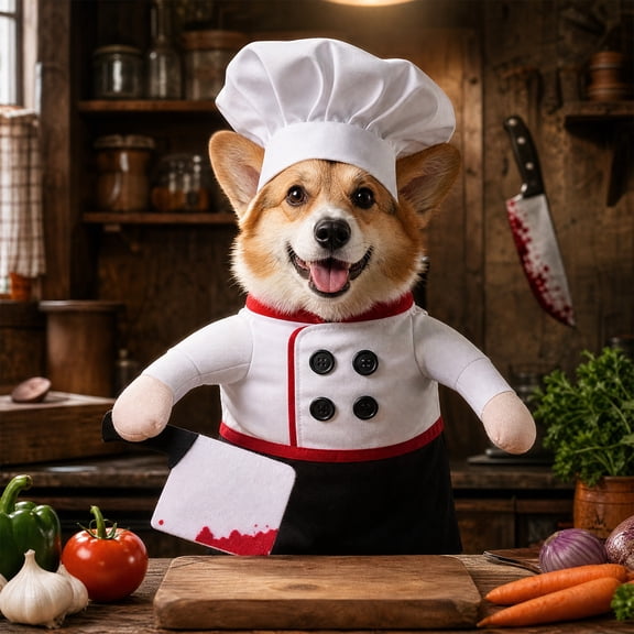 Halloween Dog Chef Costume, Funny Standing Chef Outfit with Hat for Small Medium Dogs, Cute Pet Cosplay Clothes for Halloween Party Trick Or Treat Photo Booth Decor