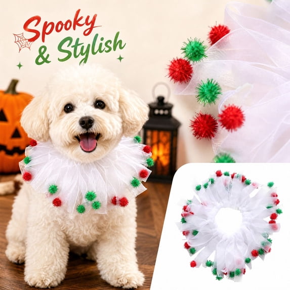 Halloween Dog Collar with White Tulle and Red and Green Pom Poms, Adjustable Fit, White, for Small Dogs and Cats, Pet Necklace Collar Decoration
