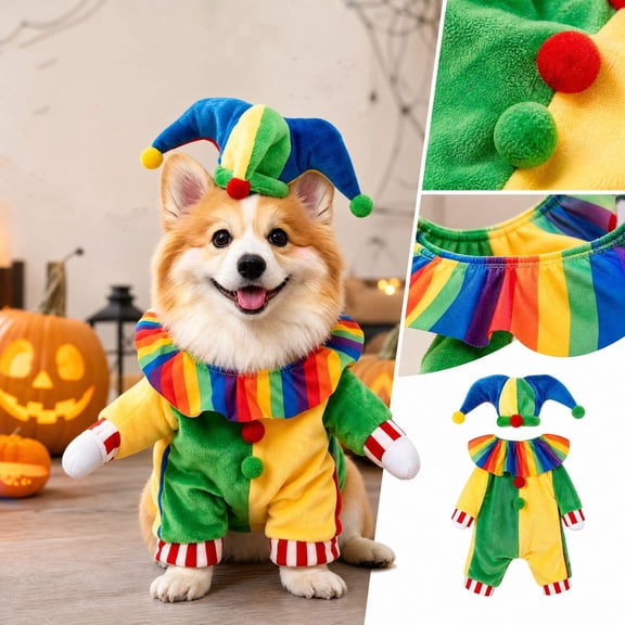 Halloween Dog Costume Clown Outfit for Cats & Small Dogs, Funny Pet Cosplay Apparel for Party & Photos, Polyester Pet Dress Up Clothes (Sizes S-XL, Sold Individually)