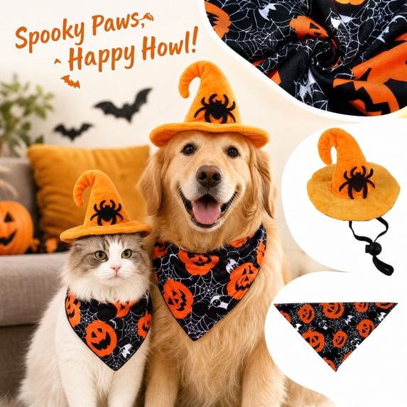 Halloween Dog Costume Set - 1Pc Pet Hat Scarf Funny Dress Up Accessory for Small Medium Dogs Cats
