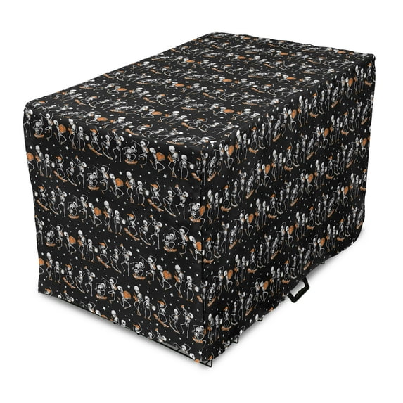 Halloween Dog Crate Cover, Skeletons with Pumpkins Skating Musician on Dark Background, Easy to Use Pet Kennel Cover Small Dogs Puppies Kittens, 7 Sizes, Charcoal Grey Apricot, by Ambesonne