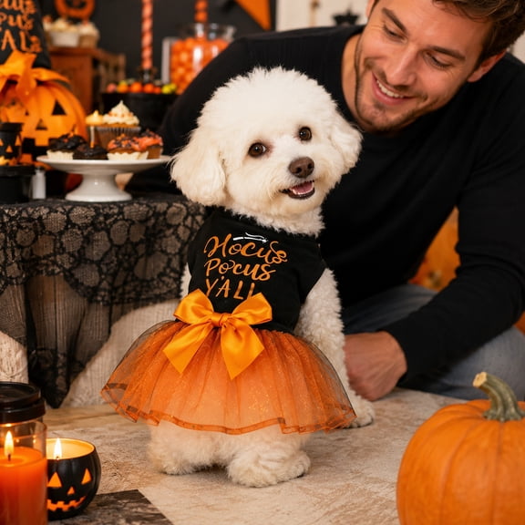 Halloween Dog Dress Costumes for Small Dogs Girl Tulle Dress Dog Clothes Skull Holiday Pet Costume Cat Outfits, Orange