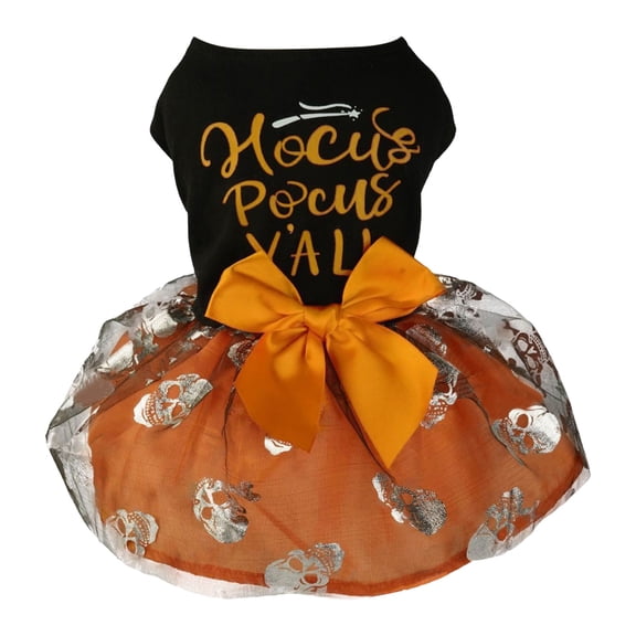 Halloween Dog Dress for Small Dogs, Tulle Skull Print Pet with Hocus Pocus Bow, Holiday Party Outfit for Cats & Puppies, Trick-or-Treat & Photo Prop Apparel
