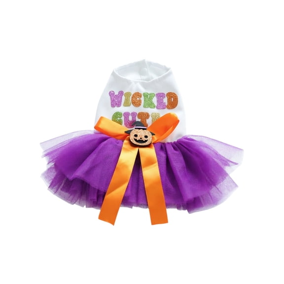 Halloween Dog Dress with Pumpkin Ghost and Bat Print, Pet Skirt Outfit with Bowknot and Lace Mesh, Cute Puppy and Cat Fashion