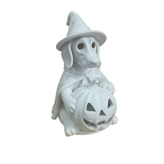 Halloween Dog Figurine with Pumpkin, Unpainted Ceramic Statue, Witch Costume Decor for DIY Crafts, Home, Party, Table Centerpiece, Unique Holiday Gift, Indoor Outdoor Decoration, 8 Inch White