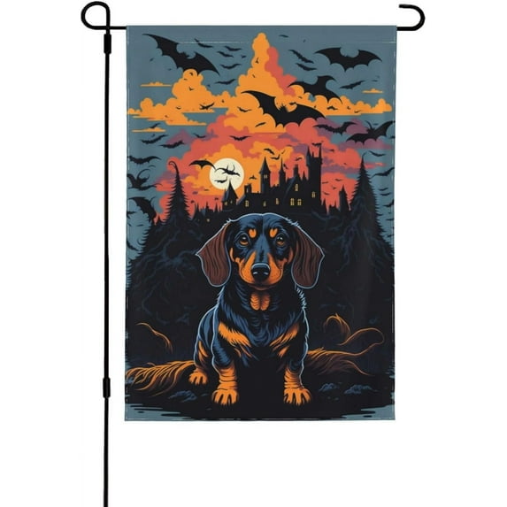 Halloween Dog Garden Flag Vertical 12x18 Inch Small Dachshund Bulldog Pumpkins Yard Flag Yard Seasonal Holiday Outdoor Decor