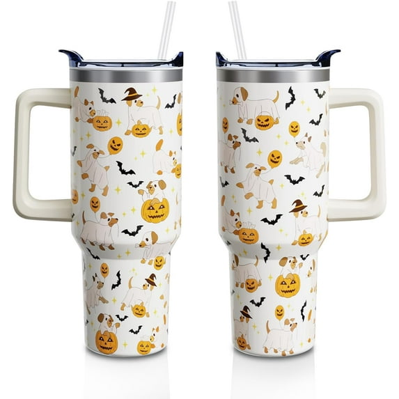 Halloween Dog Ghost 40oz Tumbler Cup with Handle and Straw, Spooky Holiday Gifts for Women Men, Stainless Steel Insulated Water Bottle 1PC