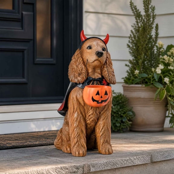 Halloween Dog Greeter, Cocker Spaniel Halloween Figurine with Devil Costume and Pumpkin Candy Bucket, 7.08 Inch Resin Dog Statue for Front Porch Entryway Tabletop Decor