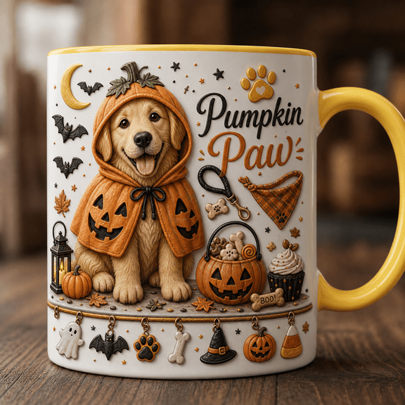 Halloween Dog Ceramic Coffee Mugs Pumpkin Paw for Dog Lovers, Cute Costume Gift 11 oz 15 oz
