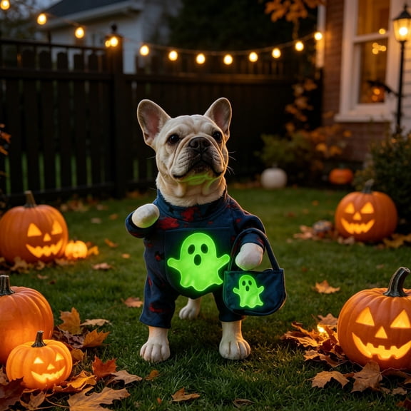 Halloween Dog Outfit Glow In The Dark Pet Apparel With Witch Hat & Trick Or Treat Tote Bag Whimsical Ghost Print Holiday Pet Dressing Accessory for Cats Dogs L