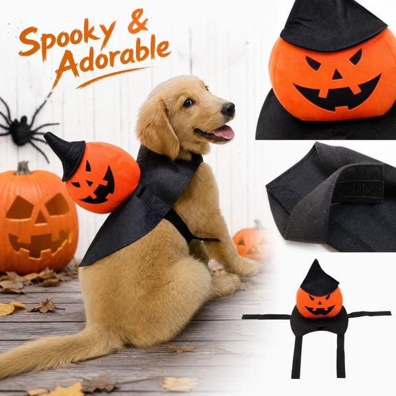 Halloween Dog Outfit Pumpkin Cape Costume with Plush Head Adjustable Hook and Loop Closures Easy to Put On Pet Apparel for Party Photo Props