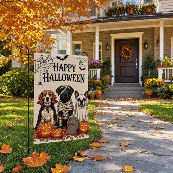 Halloween Dog Pumpkin Welcome Garden Flag, 12x18 Inch Double Sided Spooky Animal Small Yard Flag for Outdoor Fall Porch Patio Garden Decoration, Trick or Treat Party Accessories, D