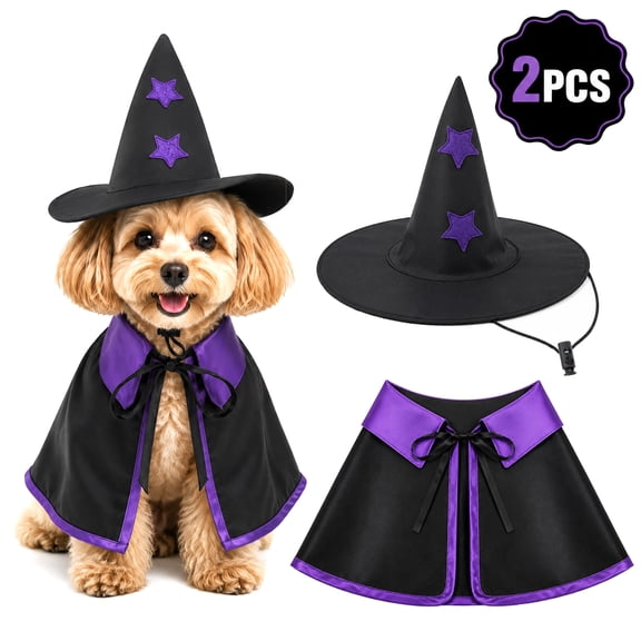 Halloween Dog Witch Costume Set, Dog Witch Cape with Pointed Wizard Hat for Pet Halloween Party Costume Gatherings Dress Up (Size S)