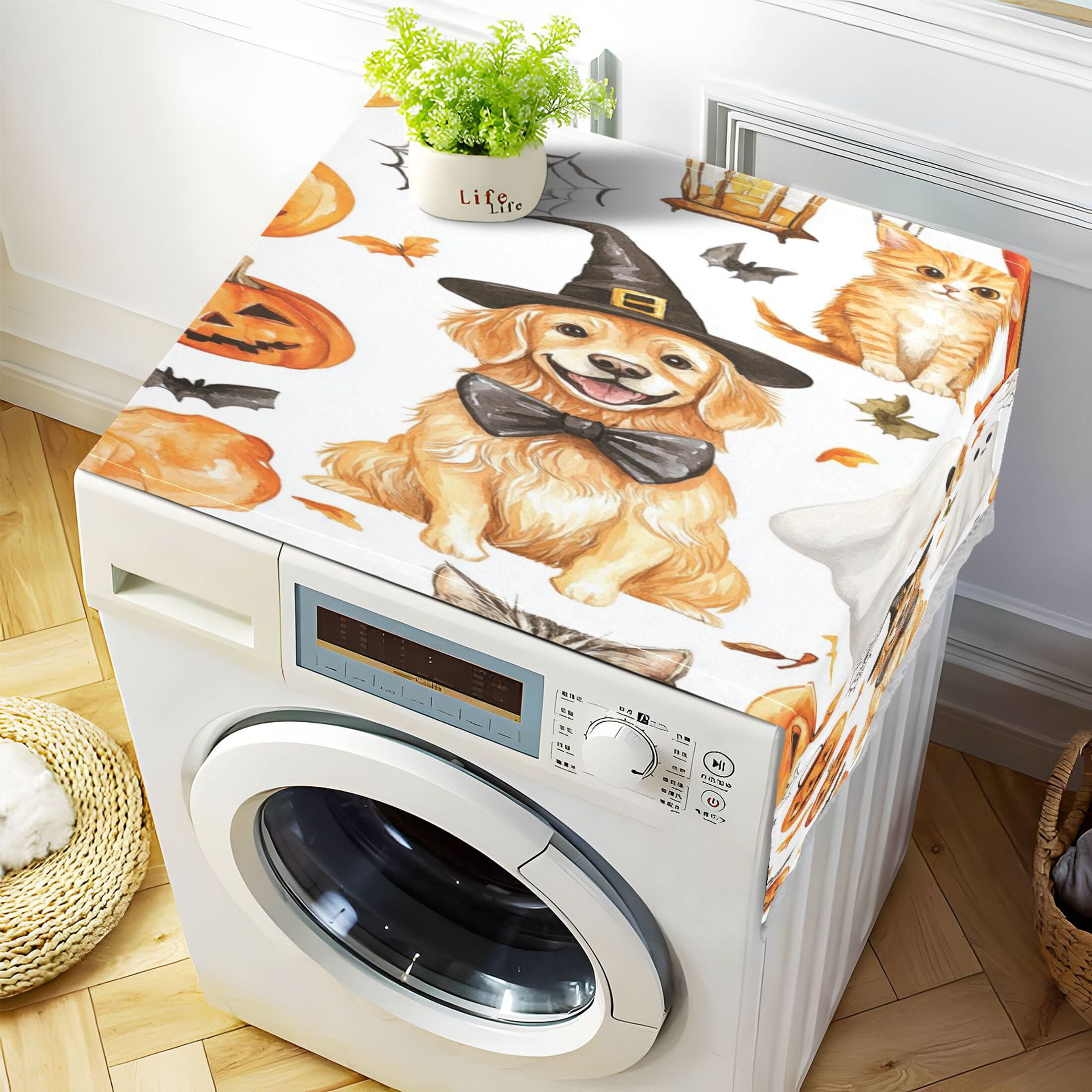 Halloween DogWasher and Dryer Covers Dust-Proof and Oil Resistant Fridge Cover with 4 Storage Pockets Washing Machine Top Cover for Laundry Kitchen Home 51.2 x 22 In