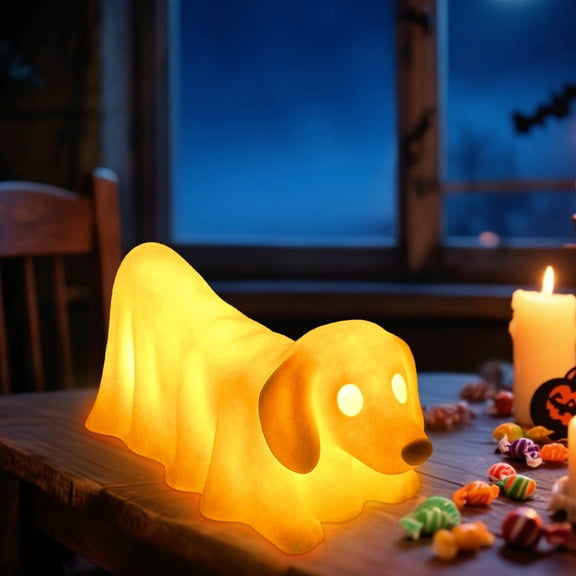 Halloween Dogs Ghost Lamp Dachshund Pumpkin Lamp Statue,Spooky Ghost Dog LED Night Light,Light up Resin Glowing Dog Figurines Decoration,Cute Halloween Decor Statues Nightlight