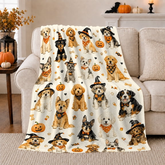 Halloween Dogs with Pumpkins and Witch Hats, Playful Holiday Style for Dog Lovers, Autumn Puppy Party and Halloween Gift, Cozy Flannel Blanket for Family Room and Playroom, Home Decor