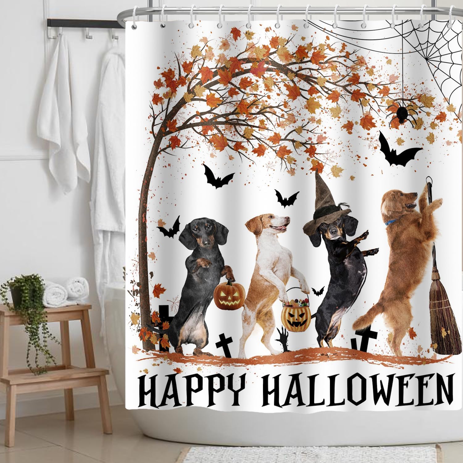 Halloween Dogs Shower Curtain Fall Autumn Maple Leaves Pumpkin Bats Waterproof Fabric Bath Curtain with Hooks 71x71 Inches
