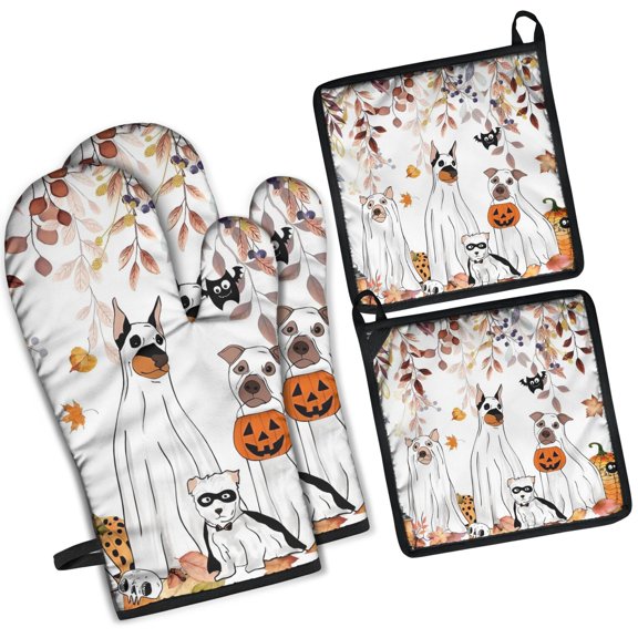 Halloween Dogs in Ghost Costumes Kitchen Oven Mitt and Pot Holder Sets 4 Pcs for Baking, Cooking and Grilling, Heat Resistant Up To 392 °F