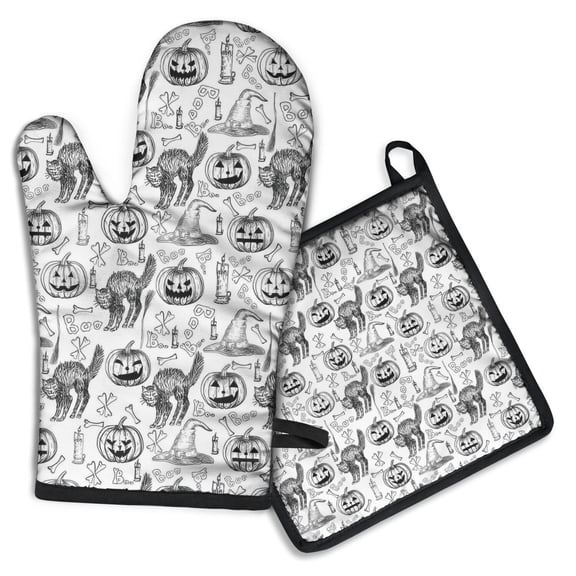 Halloween Doodle Icons Pattern Kitchen Oven Mitt and Pot Holder Sets 2 Pcs for Baking, Cooking and Grilling, Heat Resistant Up To 392 °F