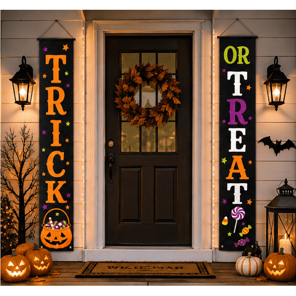 Halloween Door Banner Polyester Oxford Fabric Trick or Treat Porch Signs for Front Door Hanging Decor Trick or Treat