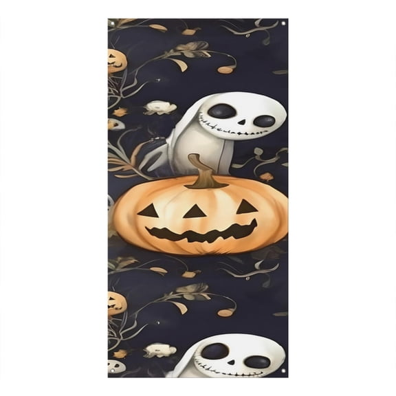 Halloween Door Banner with Skeleton and Spider Web Print - 35.4x70.8 Inch Scary Horror Door Cover for Indoor Outdoor Decor