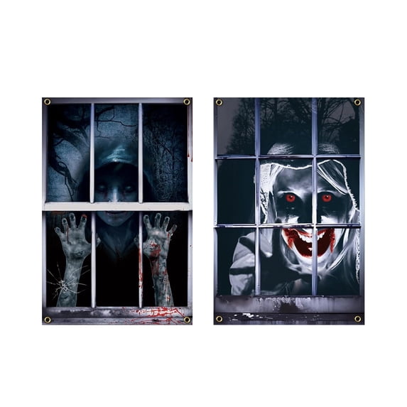 Halloween Door Cover 2 Piece Window Curtain Backdrop Hanging Cloth Scary Ghost Scene Banner for Outdoor Porch Yard Home
