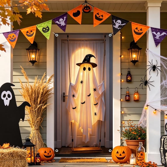 Halloween Door Cover 35 x 72 In, Hanging Ghost on Swing Door Curtain, Spooky Door and Wall Decoration for Halloween Festival Party Decor