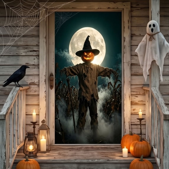 Halloween Door Cover,70"x38" Spooky Scene Front Door Photography Backdrop Banner for Indoor Outdoor Porch Entryway Home Decor