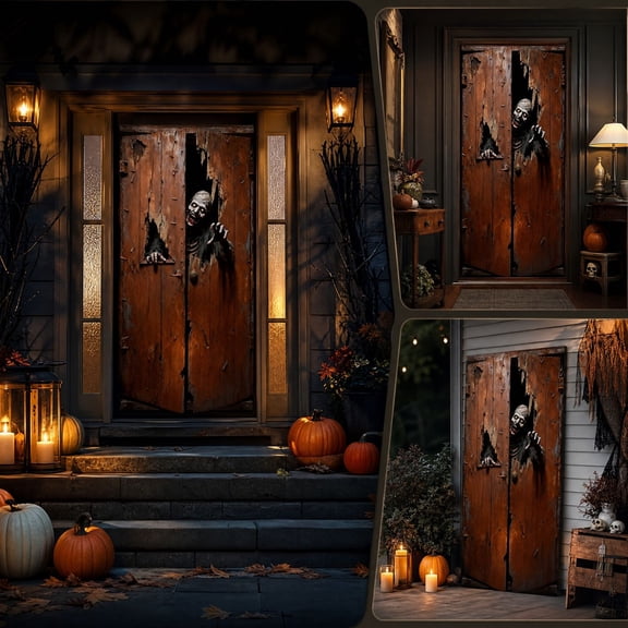 Halloween Door Cover Backdrop,Waterproof Fabric Hanging Banner with Zombie Breaking Through Wooden Door Scary Print for Entryway Party Porch Home Decor