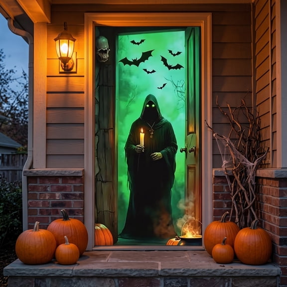 Halloween Door Cover Curtain, Giant Ghost Design for Spooky Party Decoration, Durable Fabric Wall Hanging for Entryway, Photo Booth Background, Easter or Fall Festival Decor, 35x72in, Multicolor