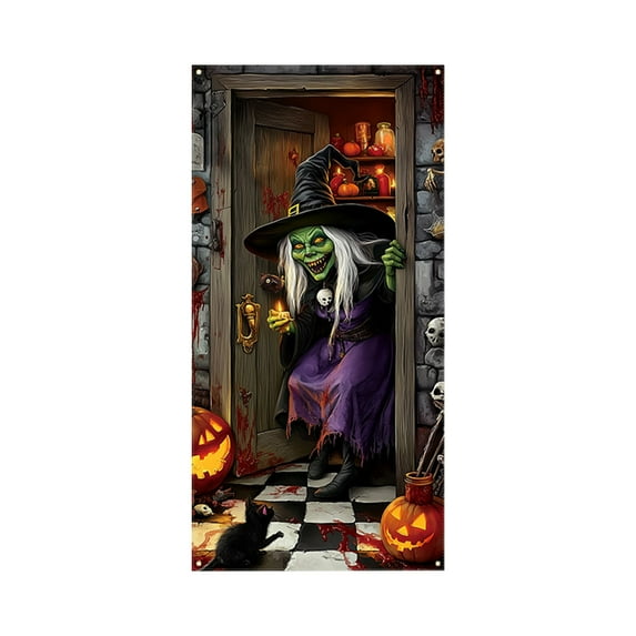 Halloween Door Cover Decoration - Spooky Door Hanging Tapestry for Party, Classroom, Home - Durable Polyester 90x180cm (35x71in)