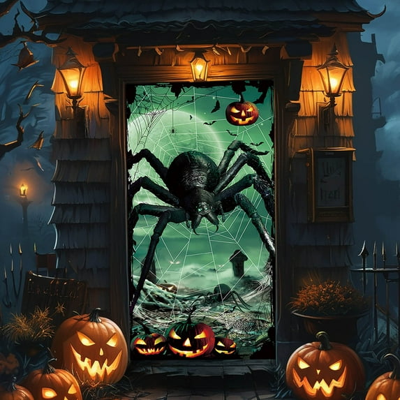 Halloween Door Cover Decorations, 3x6ft Large Horror Halloween Door Hanging Curtain Scary Halloween Murals Backdrop Outdoor Party Decoration Sign for Front Door