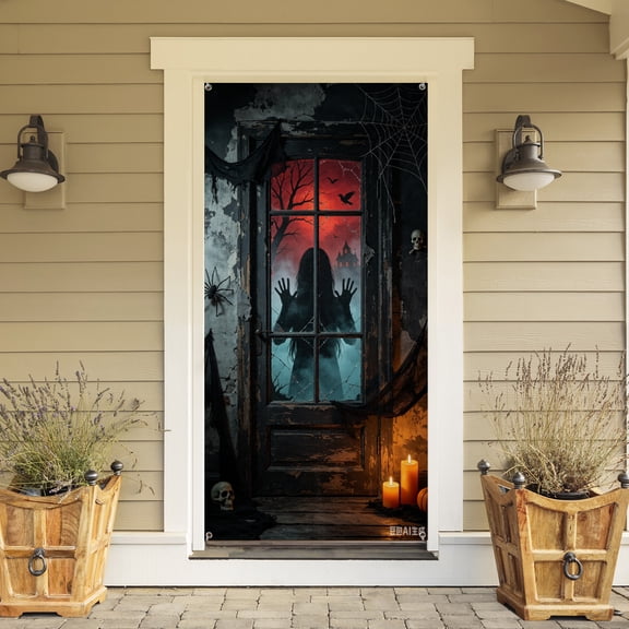 Halloween Door Cover Docor, Large Front Door Decor Banner, Door Cover with Scary Girl, Horror Window Scene Door Hanging for Halloween Party Haunted Bathroom House Porch Wall Outdoor Decor