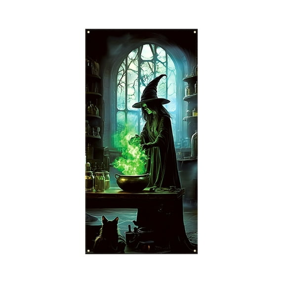 Halloween Door Cover, Scary Pumpkin Ghost Witch Printed Cloth Halloween Party Decoration Sign for Front Door (A)