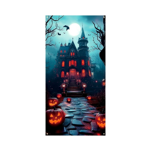 Halloween Door Cover, Scary Pumpkin Ghost Witch Printed Cloth Halloween Party Decoration Sign for Front Door (B)