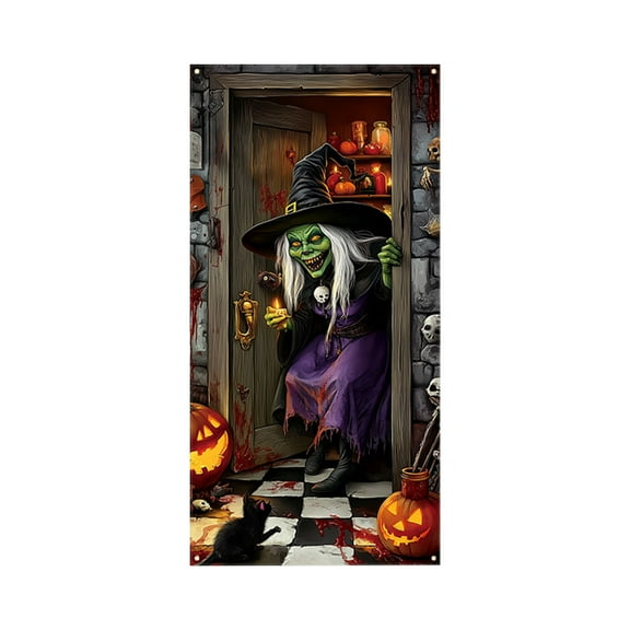 Halloween Door Cover, Scary Pumpkin Ghost Witch Printed Cloth Halloween Party Decoration Sign for Front Door (C)