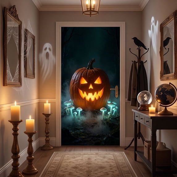 Halloween Door Cover, Spooky Glowing Pumpkin Door Curtain 35.43x70.87in, Light‑Themed Polyester Hanging Backdrop Banner, Indoor and Outdoor Wall & Front Door Decor for Theme Party