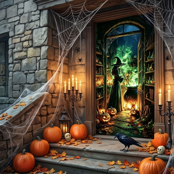 Halloween Door Cover, Spooky Witch Beside Magic Window Door Curtain 35.43x70.87in, Reusable Polyester Hanging Backdrop Banner, Indoor and Outdoor Wall & Front Door Decor for Theme Party