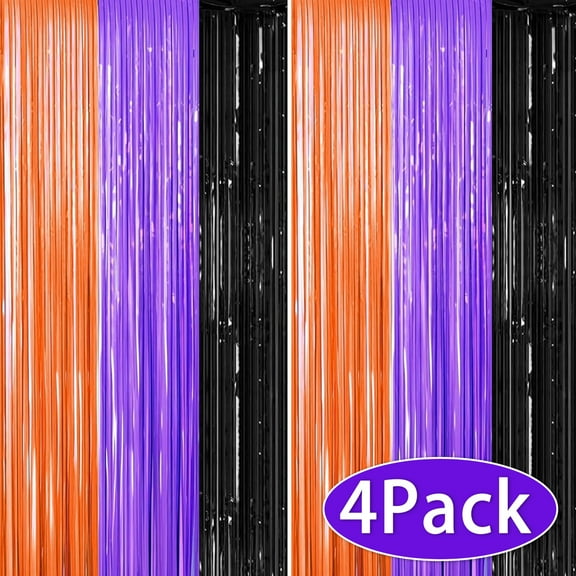 Halloween Door Curtain Halloween Backdrop Curtains Metallic Tinsel Foil Fringe Haunted House Decoration for Halloween Birthday Party Supplies 3.3ft x 6.6ft Purple Black 4 Packs